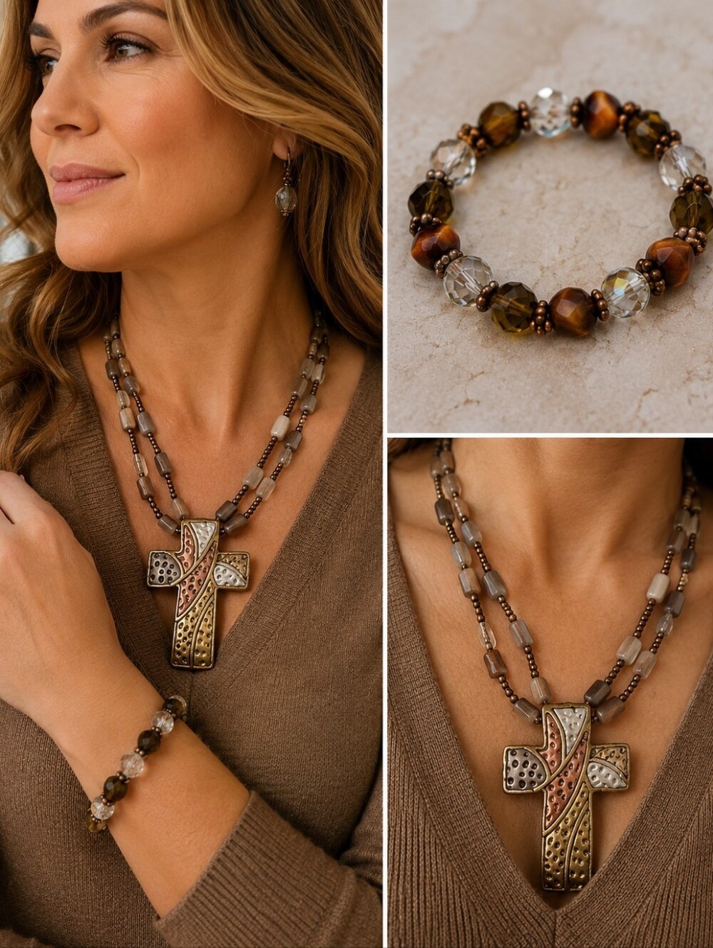 Tri-Color Cross Necklace & Bracelet Set (EUC)